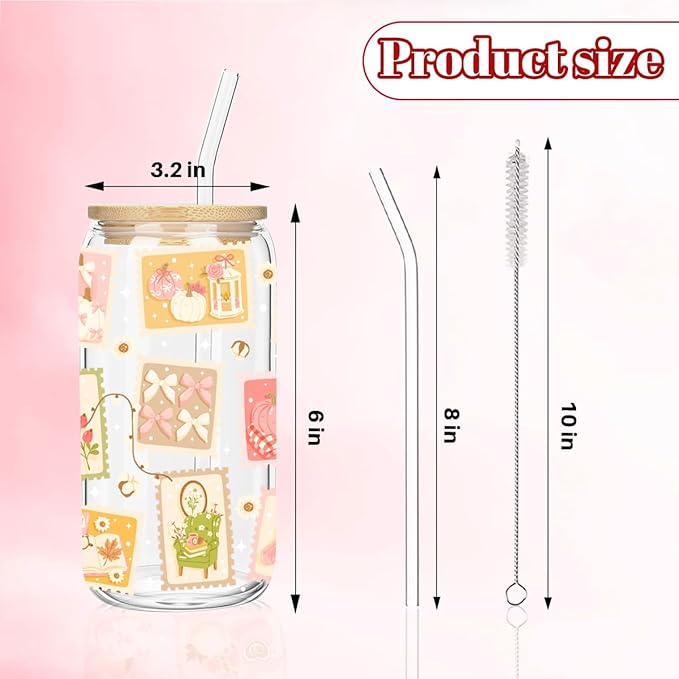 Fall Postage Stamp Iced Coffee Cup, Thanksgiving Aesthetic Glass Tumbler, 16 oz Autumn Coffee Glass Cup with Lid Straw, Boo Basket Stuffers, Halloween Thanksgiving Gifts for Women Teen Girls