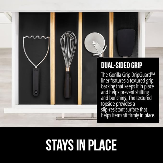 GORILLA GRIP DripGuard Shelf Liner, Non Adhesive Drawer and Kitchen Cabinet Protector, 24x240 Inch, Slip Resistant BPA Free Smooth Surface Plastic Liners for Cabinets, Bathrooms, Closets, Black