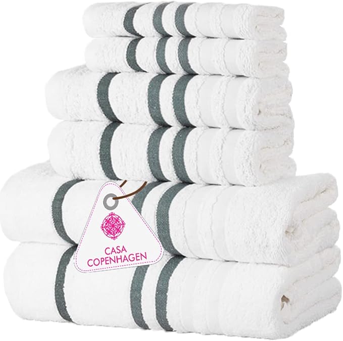 CASA COPENHAGEN Exotic Designed in Denmark 525 GSM Hotel & Spa Kitchen & Bath Set of 6 Egyptian Cotton Towels - 2 Bath Towels, 2 Hand Towels, 2 Washcloths - White