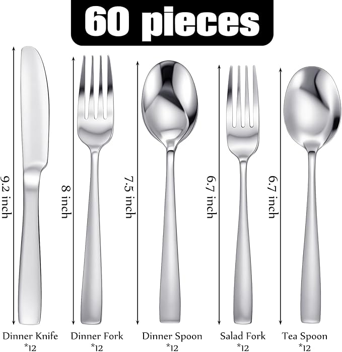 LemonRoad 60 Pcs 18/0 Stainless Steel Flatware Set for 12 Cutlery Set with Modern Round Handle Mirror Polished Silverware for Home Wedding Restaurant Dishwasher Safe