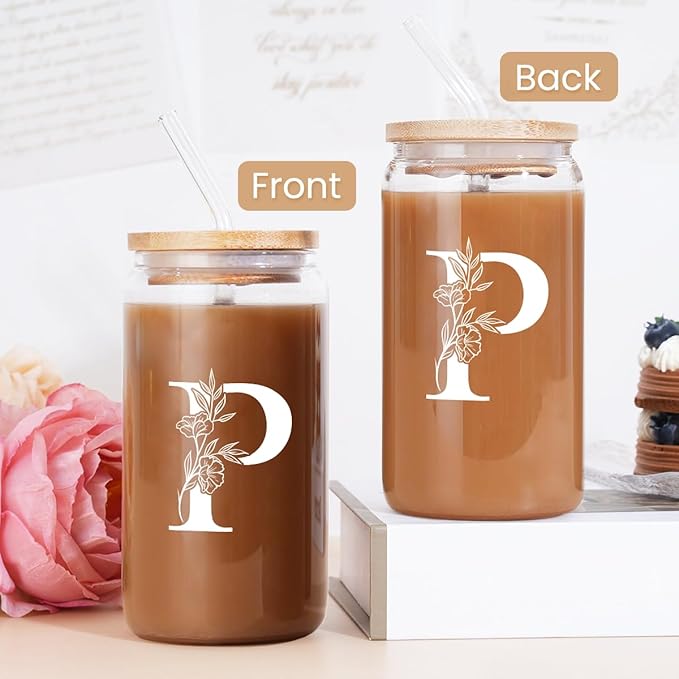 SANDJEST Monogrammed Gifts for Women - Monogram P Initial Glass Cup 16 Oz Can Coffee Cups with Lid and Straw - Monogram Initials Gifts for Womens on Birthday