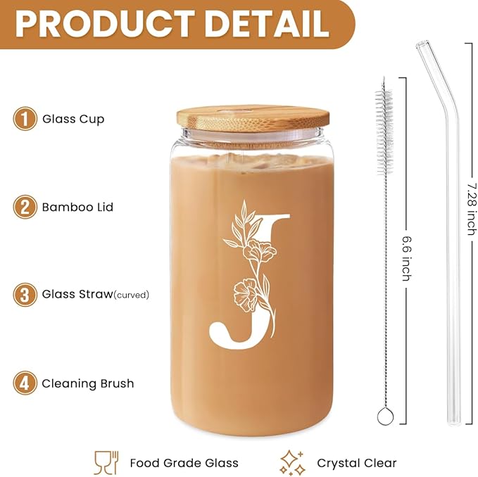 SANDJEST Monogrammed Gifts for Women - Monogram J Initial Glass Cup 16 Oz Can Coffee Cups with Lid and Straw - Monogram Initials Gifts for Womens on Birthday