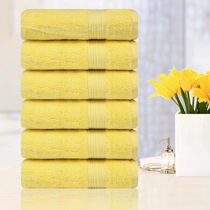 Ample Decor Hand Towel 18 X 28 Inch Pack of 6 600 GSM 100% Cotton,Oeko Tex Certified Soft Absorbent Thick Durable Premium Quality, for Hotel, Bathroom, Spa,Daily Use,Gym-Machine Washable-Yellow