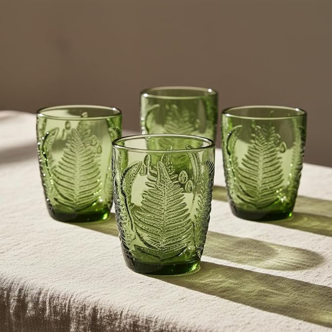 Vintage Drinking Glasses Set Of 4-10 oz Textured Green Glass Cups, Cute Green Glassware for Home & Bar, Retro Style Embossed Drinkware, Unique Decorative Cocktail Cup Sets - Heavy Duty & Durable