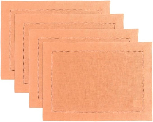 Solino Home Linen Cloth Placemats Set of 4-100% Pure Linen Hemstitch Coral Placemats 14 x 19 Inch - Classic Hemstitch Table Place Mats