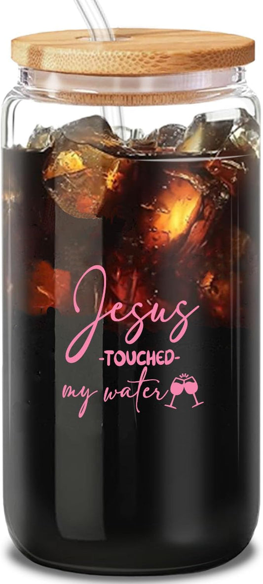 Jesus Touched My Water Funny Christian Tumbler - 16oz Novelty Glass Cup with Lid, Humorous & Inspirational Gift for Christian Women, Mom, Sister, Friend