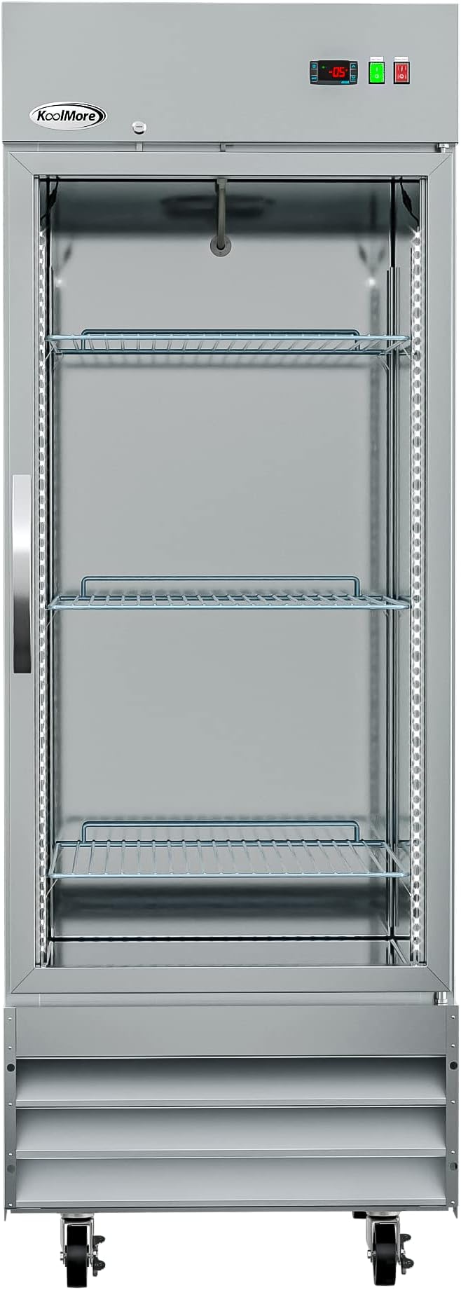 KoolMore Commercial Stainless-Steel Upright Freezer with Reach-In Self-Close Glass Door, 3 Storage Shelves, Heavy-Duty Caster Wheels, Frost-Free Temperature Control - 23 Cu.Ft [Silver] (RIF-1D-GD)