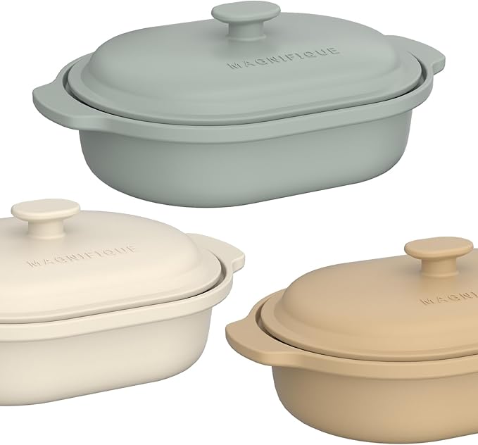 MAGNIFIQUE Casserole Dishes for Oven, 9x12 Porcelain Baking Dish, 4 Quarts Lasagna Pan with Handles and Lid, Oven Safe up to 500°F or on Stovetop, Use to Marinate, Cook, Bake, and Serve, Olive