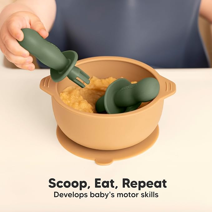 KeaBabies 4-Pack Silicone Baby Spoons and Forks Set - Baby Led Weaning Utensils 6-12 Months, Self Feeding Toddler Spoon & Fork for Training, Teething, Easy to Hold, BPA-Free Silicone (Slate)