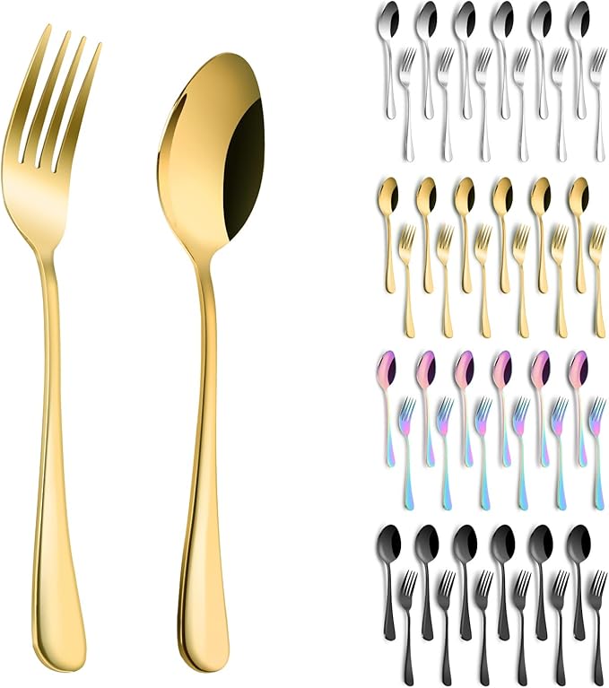 12 Pieces Spoons and Forks Set,Food Grade Stainless Steel Flatware Cutlery Set,6 Forks(6.8 inch)and 6 Spoons(6.6inch)Silverware Set for Home,Kitchen,Restaurant-Mirror Polished & Dishwasher Safe(Gold)