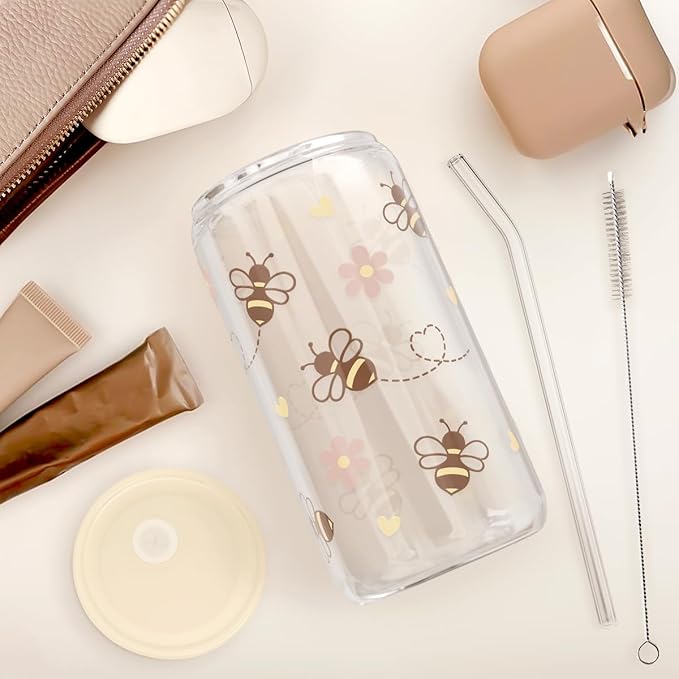 Bee 16oz Can Glass Tumbler with Acrylic Lid & Straw - Iced Coffee Cup for Women Girls, Aesthetic Cups Gifts for Birthday Christmas