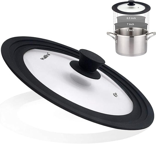 Universal Lid for Pots, Pans and Skillets & Frying Pan - Small Pan lids Fits 6.5", 7" and 8" Diameter Cookware - Tempered Glass with Heat Resistant Silicone Rim