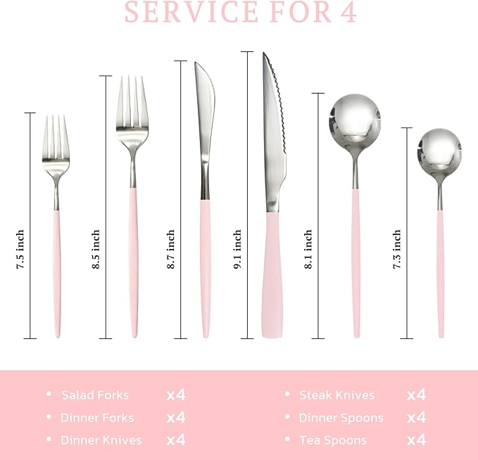 Astercook Silverware Set with Steak Knives 24-Piece Flatware Set for 4 Food-Grade Stainless Steel Pink Cutlery Set Mirror Polished Utensils Set Include Spoons and Forks for Home Kitchen Restaurant