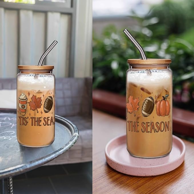 Pumpkin Fall Cup 16 OZ Glass Cups w/Lids Straws, Fall Decor, Tis the Season Pumpkin Mug, Autumn Gifts for Women