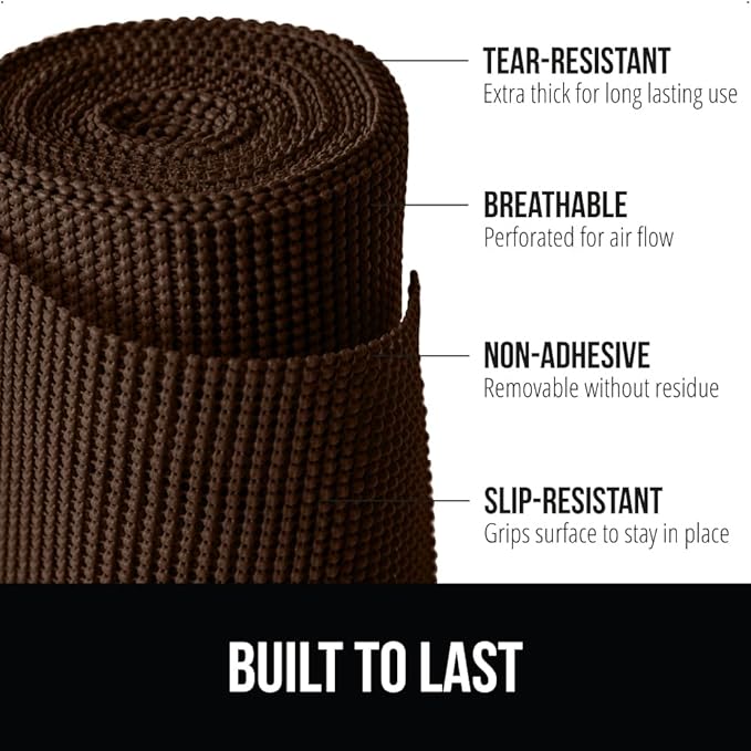 GORILLA GRIP powerGRIP Drawer Shelf and Cabinet Liner, Thick Strong Hold, Non-Adhesive Liners Protect Kitchen Cabinets and Cupboard, Bathroom Drawers, Easy Install, Breathable Mat, 20" x10', Chocolate