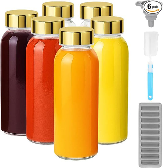 Zukro Glass Water Bottles with Gold Lids 10.5 oz, 6 Pack Clear Reusable Glass Small Juice Bottles for Juicing, Milk, Ginger Shot, Stainless Steel Cap, BPA-Free Leak Proof 300ml Drinking Container Jar