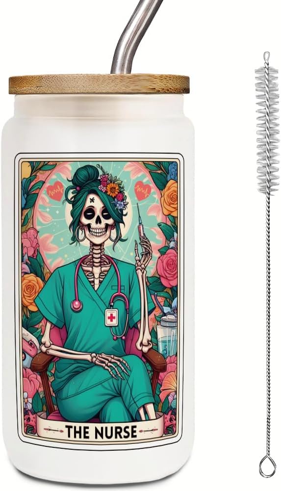 FALJIOK The Nurse Tarot Glass Cup w/Lid Straw 16OZ, RN Gifts for Nurses Women, Fun Nursing Gift for Halloween Christmas, Nurse Skeleton Appreciation Gifts