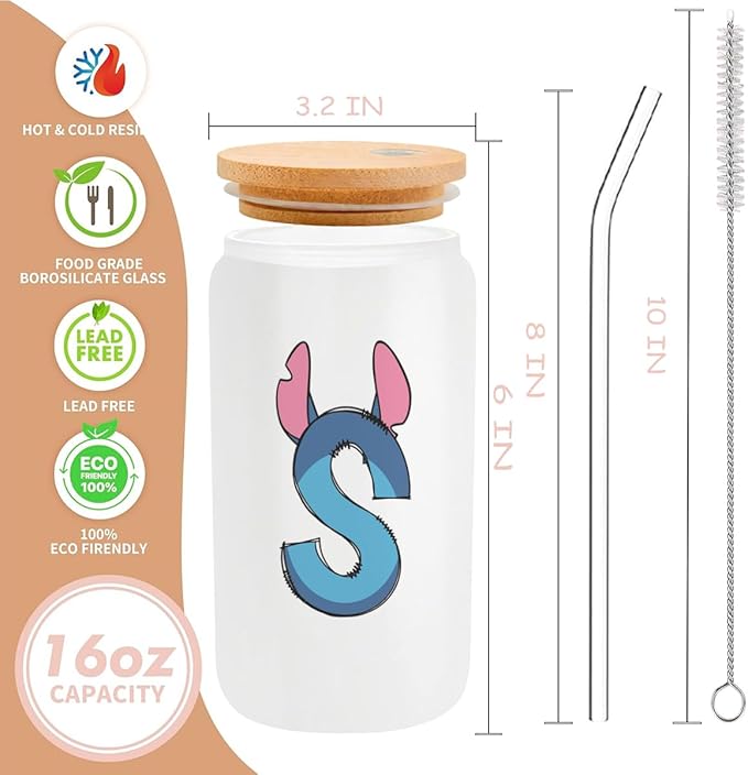 Cute Cartoon Lover Gifts Initial A-Z Personalized Iced Coffee Cup Cartoon Merch 16oz Glass Cup with Lid and Straws Birthday Christmas Gifts for Women Teen Girls Fans (Letter S)