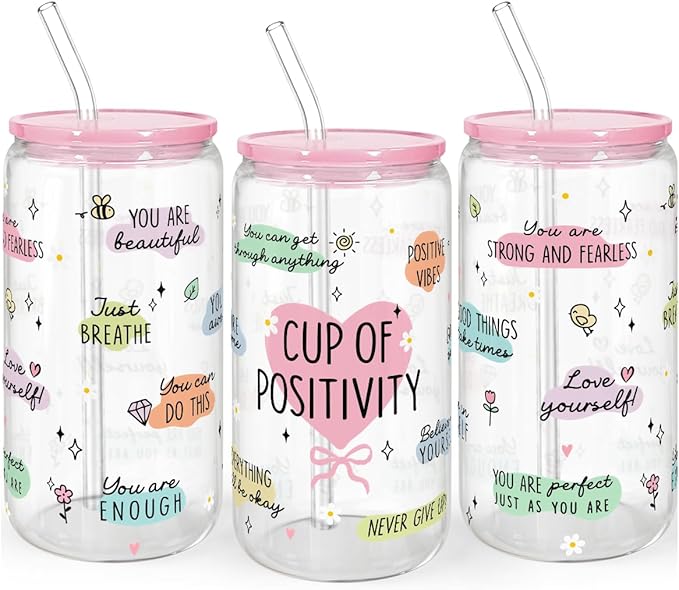 SANDJEST Inspiration Gifts - Glass Tumbler 16oz with Acrylic Lid and Straw - Iced Coffee Cups for Women, Aesthetic Glass Cup Gift for Birthday Christmas