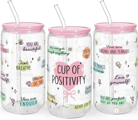 SANDJEST Inspiration Gifts - Glass Tumbler 16oz with Acrylic Lid and Straw - Iced Coffee Cups for Women, Aesthetic Glass Cup Gift for Birthday Christmas