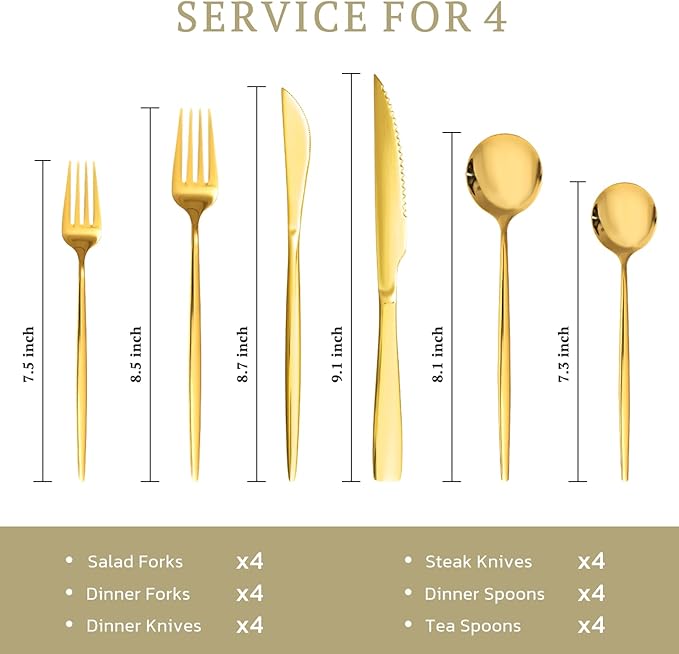 Astercook 24-Piece Gold Silverware Set with Steak Knives Flatware Set for 4 Food-Grade Stainless Steel Cutlery Set Mirror Polished Utensils Set Include Spoons and Forks for Home Kitchen Restaurant