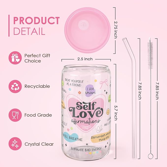 SANDJEST Inspiration Glass Can, Self Love Iced Coffee Aesthetic Cup, Gifts for Christmas Birthday, Gift for Women Girls, 16oz