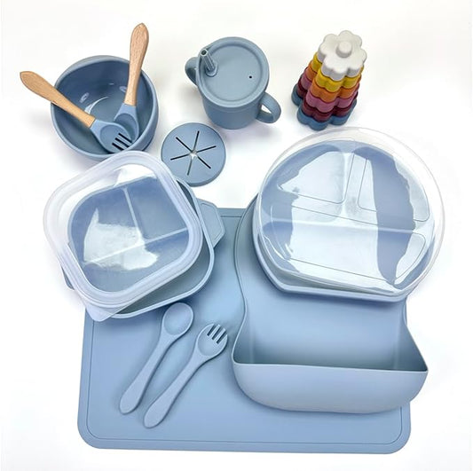 No-Mess Baby Feeding Set — Strong Suction Bowls + Soft Spoons (8-Piece) (Blue)