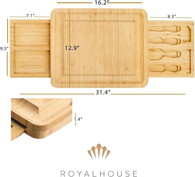 RoyalHouse Unique Bamboo Cheese Board and Knife Set with 2 Slide-Out Cutlery Drawers - Charcuterie Boards Set & Cheese Platter - Ideal Anniversary, Wedding and Housewarming Gift