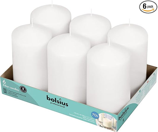 BOLSIUS 6 White Pillar Candles Bulk - 3x6 Inches Candle Set - 70+ Hours Clean Burning - No Palm Oil - 0% Animal Fat - Premium European Quality - Unscented Dripless Wedding Pillars