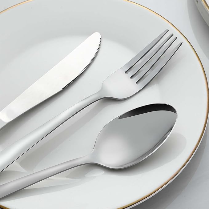 24 Pcs Forks and Spoons Silverware Set, Food Grade Stainless Steel Flatware Cutlery Set for Home, Kitchen and Restaurant, 12 Dinner Forks and Dinner Spoons, Mirror Polished & Dishwasher Safe