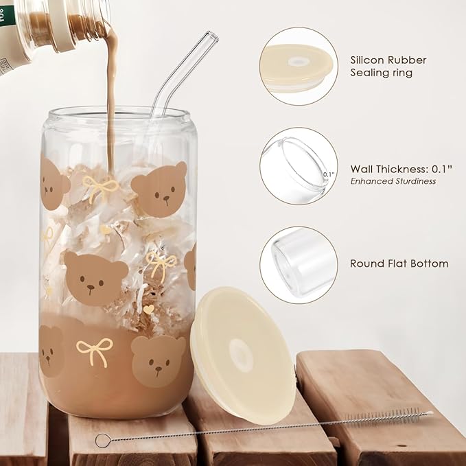 Bear Glass Can, Iced Coffee Aesthetic Cup, Gift for Christmas Birthday, Gifts for Women Girls, 16oz