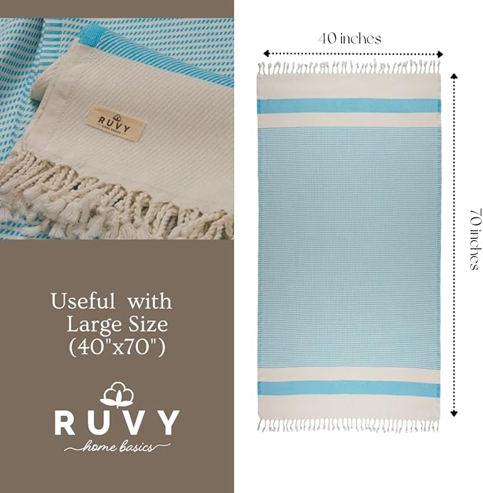 Ruvy Home Basics 2 Pack Turkish Beach Towels – Oversized Quick-Dry Bath Towels (40 x 72 Inches) – 100% Cotton Large Towels for Pool, Yoga, Travel, Camping Essentials, and Bathroom Decor - Turquoise