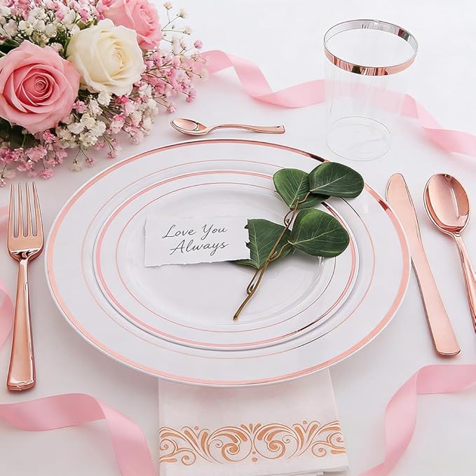WDF 120 Pieces Rose Gold Plastic Silverware- Disposable Flatware Set-Heavyweight Plastic Cutlery- Includes 40 Forks, 40 Spoons, 40 Knives for Valentine's Day, Mother's Day,Wedding&Party