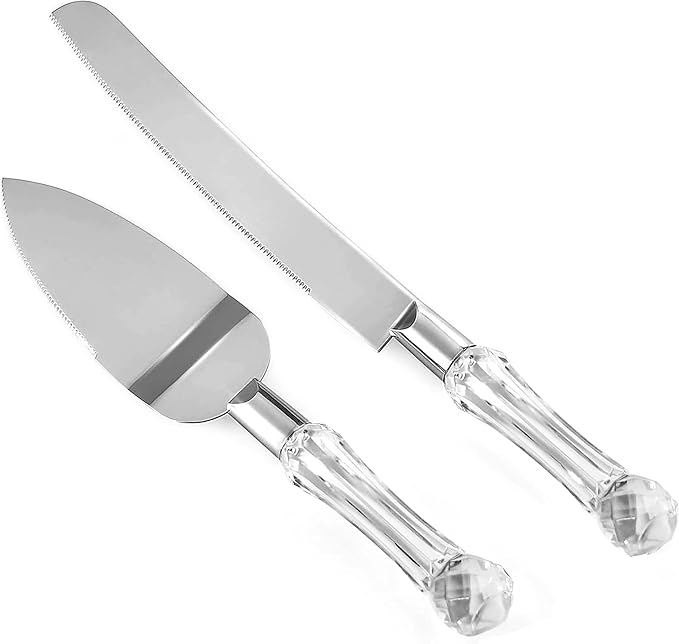 Wedding Cake Knife and Server Set, Cake Cutter and Pie Spatula, Cake Server and Knife Set of 2 with Crystal Handles, 1.2mm Thick Blades, Cutting Set for Birthdays, and Parties (Crystal Silver)