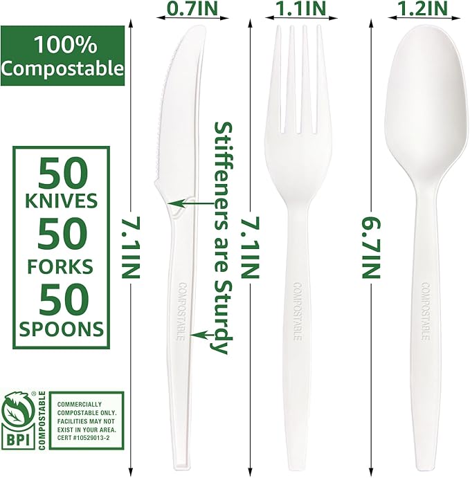 MISISIPI 150-Count Compostable Utensils Set - Heavy Duty BPI Certified, Plastic-Free Disposable Forks, Spoons, Knives for BBQ, Camping, Events, Plant-Based Cutlery