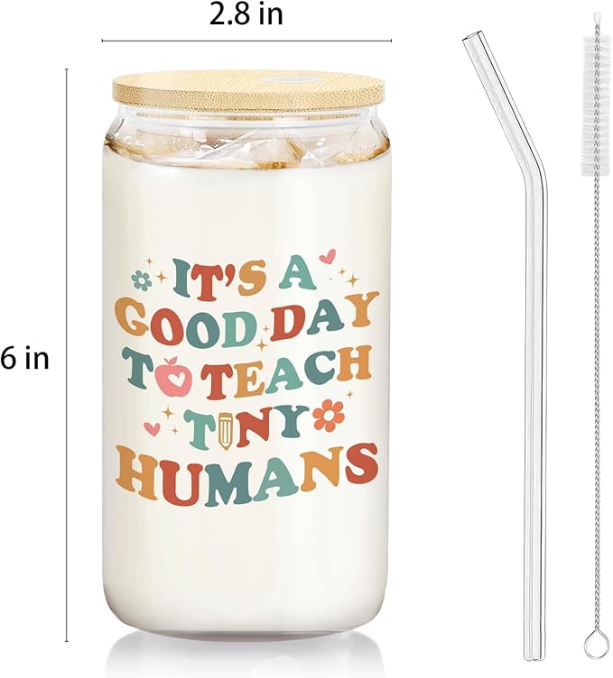 Teacher Glass Cup with Lids and Straws 14oz, Back to School Teacher Gifts, Kindergarten Teachers Appreciation Gifts Glass Iced Coffee Tumbler Drinking Jars with Cleaning Brush