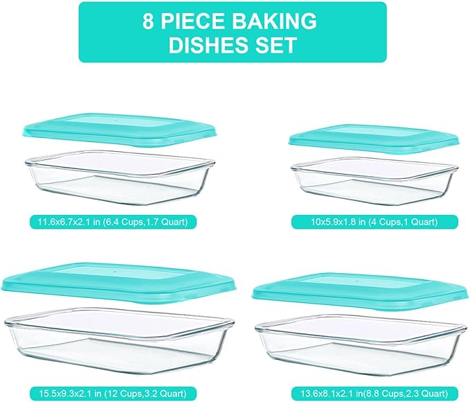 KOMUEE 8 Pieces Glass Baking Dish with Lids Rectangular Glass Baking Pan Bakeware Set with BPA Free Lids, Baking Pans for Lasagna, Leftovers, Cooking, Kitchen, Fridge-to-Oven, Green
