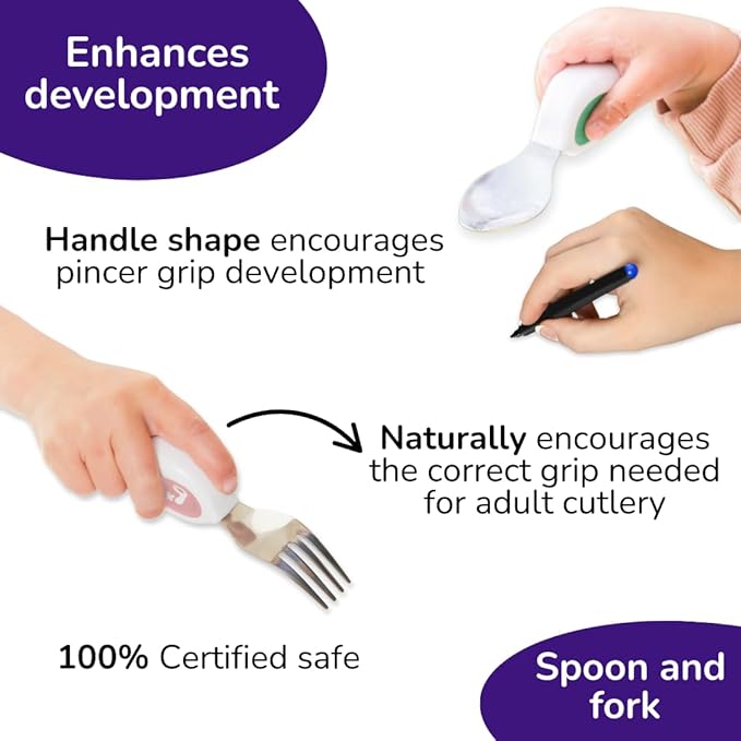 doddl Toddler Utensils, Ergonomic Fork and Spoon Set for Self Feeding, Stainless Steel Silverware for 1-3 Year Olds, BPA Free, Dishwasher Safe (Dusky Rose)