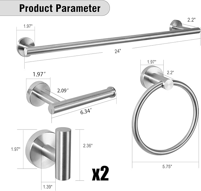 5-Piece Towel Racks for Bathroom, Stainless Steel Bathroom Accessories Set, Bathroom Towel Holder Wall Mounted, Sturdy Bath Towel Bar Set Bathroom Hardware Set (Brushed)