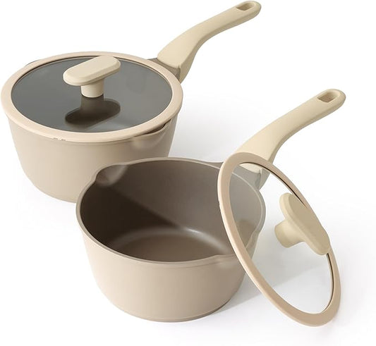 Nonstick Saucepan Set with Lids, 2QT and 2.7QT Ceramic Sauce Pan Set, Non Toxic Sauce Pots with Pour Spouts for Multipurpose Use, PTFE, PFOA & PFAS Free, Induction Compatible, Apricot
