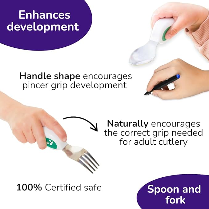 doddl Toddler Utensils, Ergonomic Fork and Spoon Set for Self Feeding, Stainless Steel Silverware for 1-3 Year Olds, BPA Free, Dishwasher Safe (Aqua)