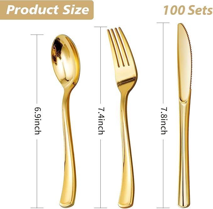 Goodluck 300PCS Gold Plastic Silverware, Gold Utensils Disposable, Plastic Cutlery Set of 100 Forks, 100 Spoons, 100 Knives for Party, Birthday, Holidays