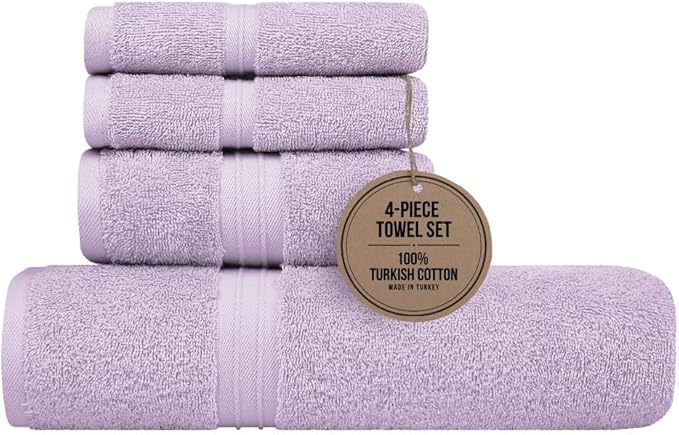 Hotel Quality Towels Set of 4-100% Cotton & Decorative Cute, 100% Cotton - Includes 1 Bathroom Towel (28" x 56"), 1 Hand Towel (16"x28") and 2 Wash Cloths (12"x12") - Lilac