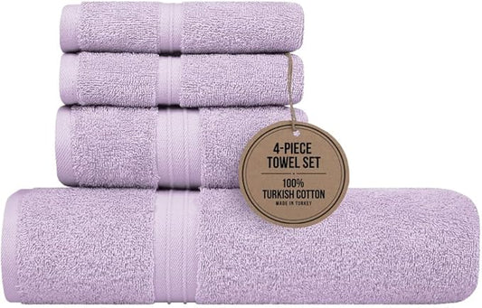 Hotel Quality Towels Set of 4-100% Cotton & Decorative Cute, 100% Cotton - Includes 1 Bathroom Towel (28" x 56"), 1 Hand Towel (16"x28") and 2 Wash Cloths (12"x12") - Lilac