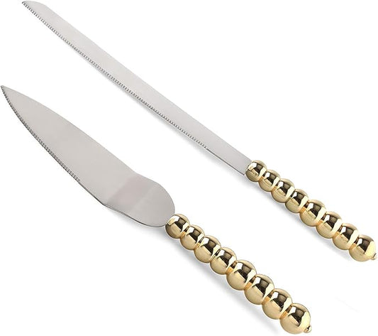 Homi styles wedding cake knife and server set | Elegant Gold Color With Beaded Handles & Premium 420 Stainless Steel Blades | Cake & Pie Serving Set For Wedding Cake,cake cutter Gift