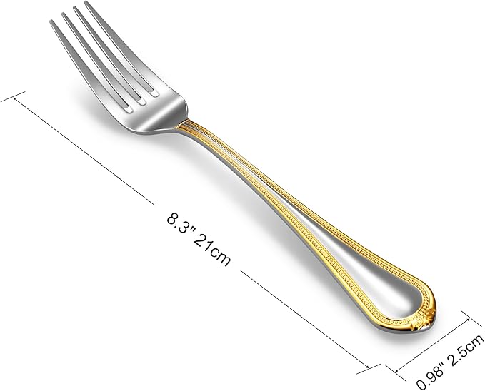 KEAWELL Pearl Edge 4-Piece Premium Fork Set, 18/10 Stainless Steel, Fine Silverware Forks with Mirror Finish and Exquisite Craftsmanship, Gold Accent, Dishwasher Safe (4, 8" Dinner Forks)
