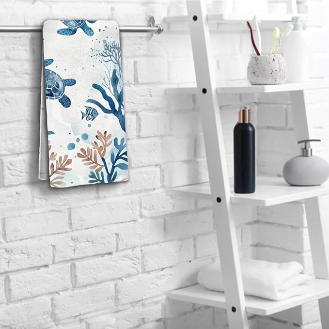 Sea Turtle Hand Towels Set of 2 Breathable Ocean Beach Hand Towels Marine Life Coastal Bath Towels for Gym Hotel Decorative Summer Kitchen Towels 28.7x13.7 Inch