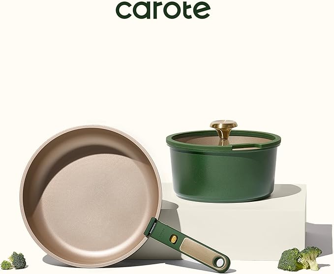 CAROTE Green&Gold Nonstick Cookware Set,15Pcs Pots and Pans Set Non Stick Detachable/Removable Handle,Kitchen Cooking Set Dishwasher Safe, RV Kitchen Pot and Pan, Induction Cookware