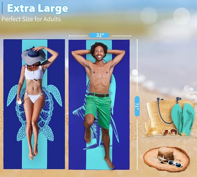 2 Pack Microfiber Lightweight Beach Towel 71"x32" Oversized Extra Large Thin Sand Free Towels Travel Swim Pool Yoga Gym Camping for Adults Women Men Beach Essentials Accessories Vacation Gift