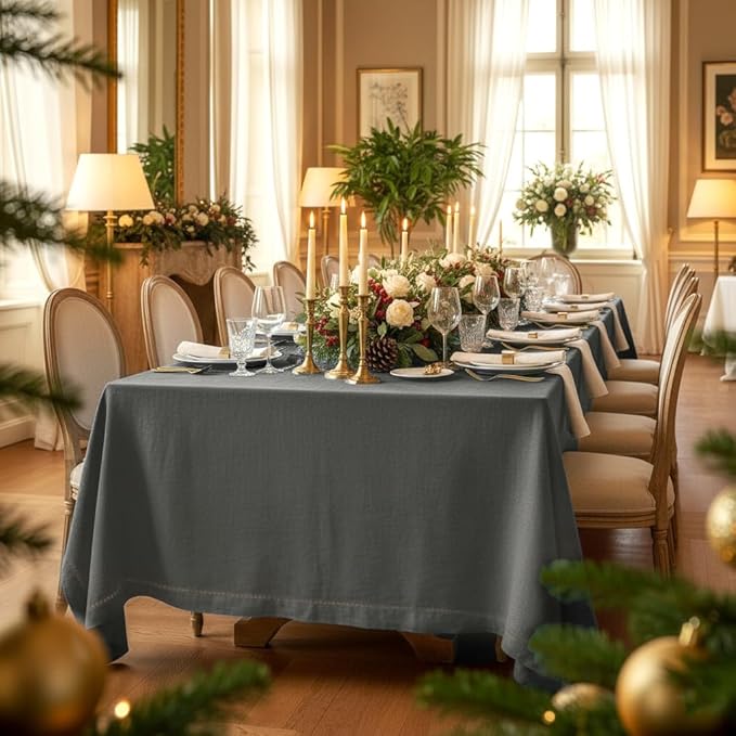 D'Moksha Homes Charcoal Grey Linen Tablecloth for Rectangle Tables 60 x 90 Inch - 100% Pure Linen Grey Table Cloth - Classic Hemstitch, Machine Washable Tablecloth for Christmas, Holiday, New Year